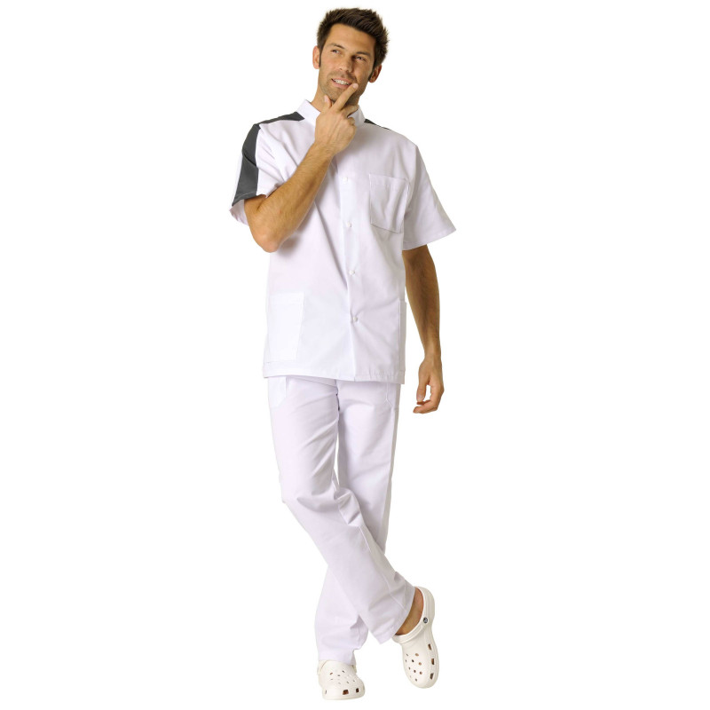 STEEVE Tunique médicale manches courtes homme fermeture pressions  blanc charbon